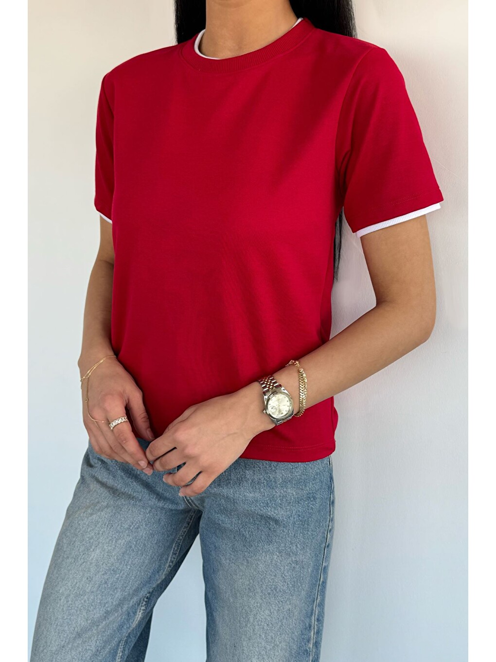Kırmızı Kadın Çift Yaka Basic Tişört-1