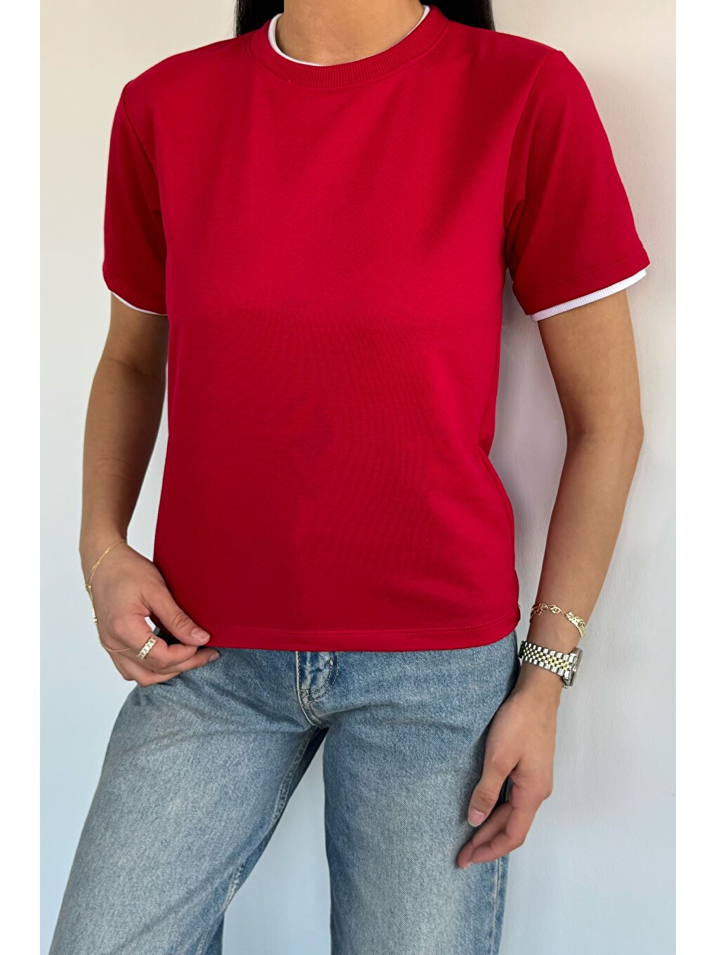 Kırmızı Kadın Çift Yaka Basic Tişört-2