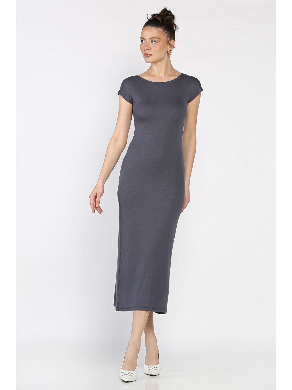 Gri Kadın Arka Yırtmaç Detaylı Fitilli Elbise-1