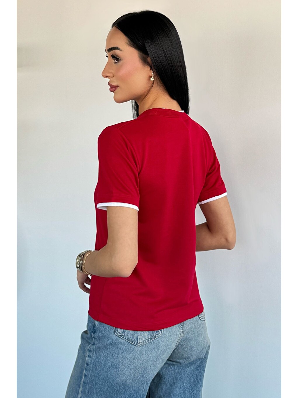 Kırmızı Kadın Çift Yaka Basic Tişört-3