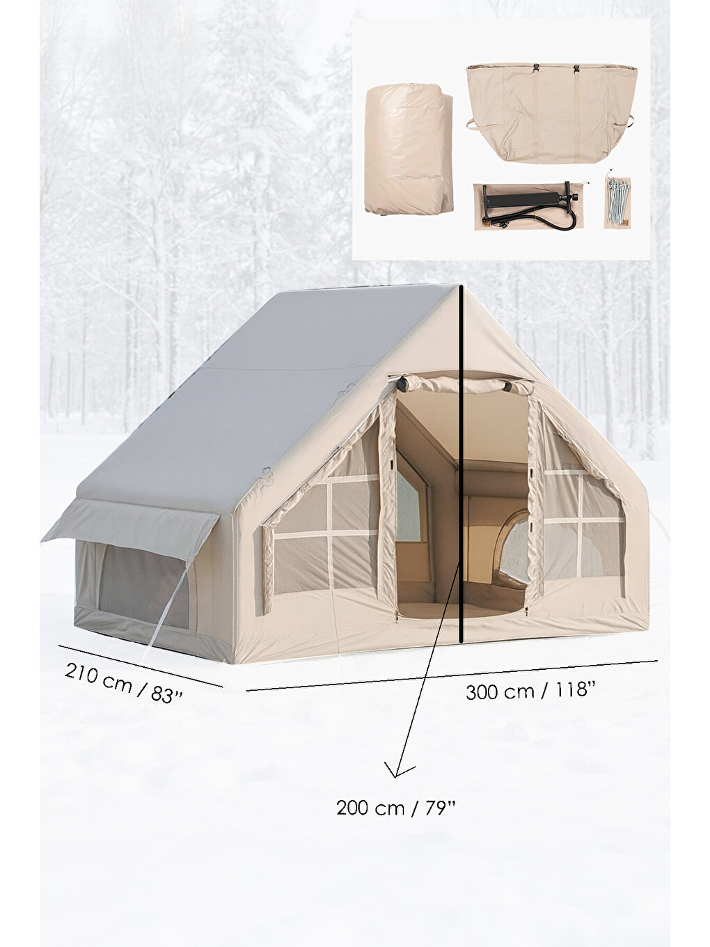 Bej Çift Kapılı 6 Kişilik Kamp Çadırı - 4 Mevsim Su Geçirmez Şişme Kamp Çadırı 300x210 cm-4