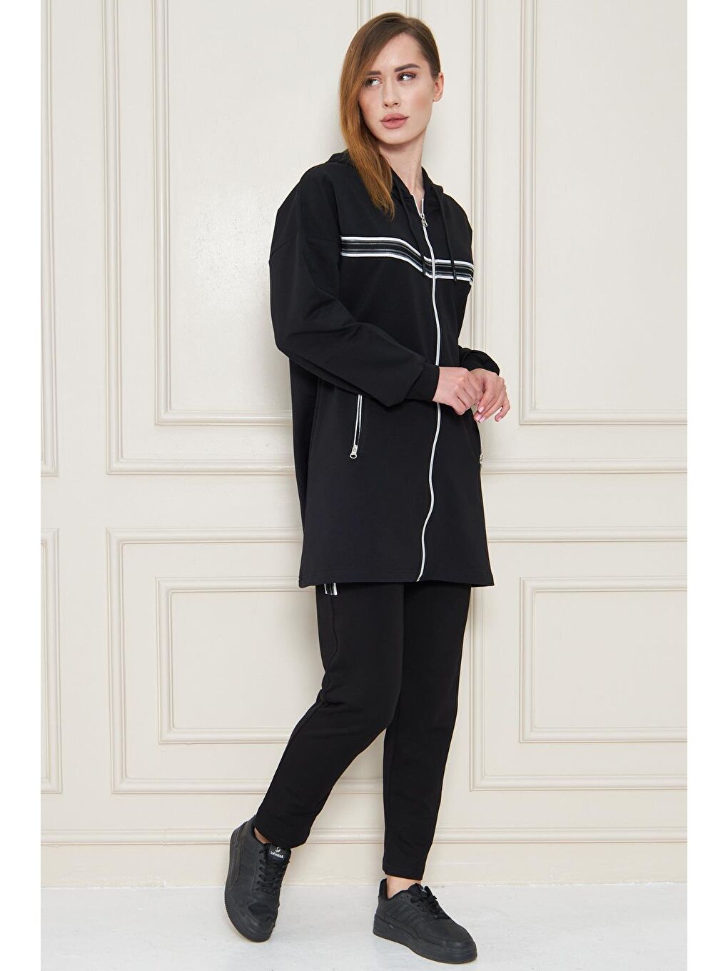 Kadın Pamuklu Tam Fermuarlı Kapüşonlu Uzun Tunik Eşofman Takımı Siyah 5556-S-4