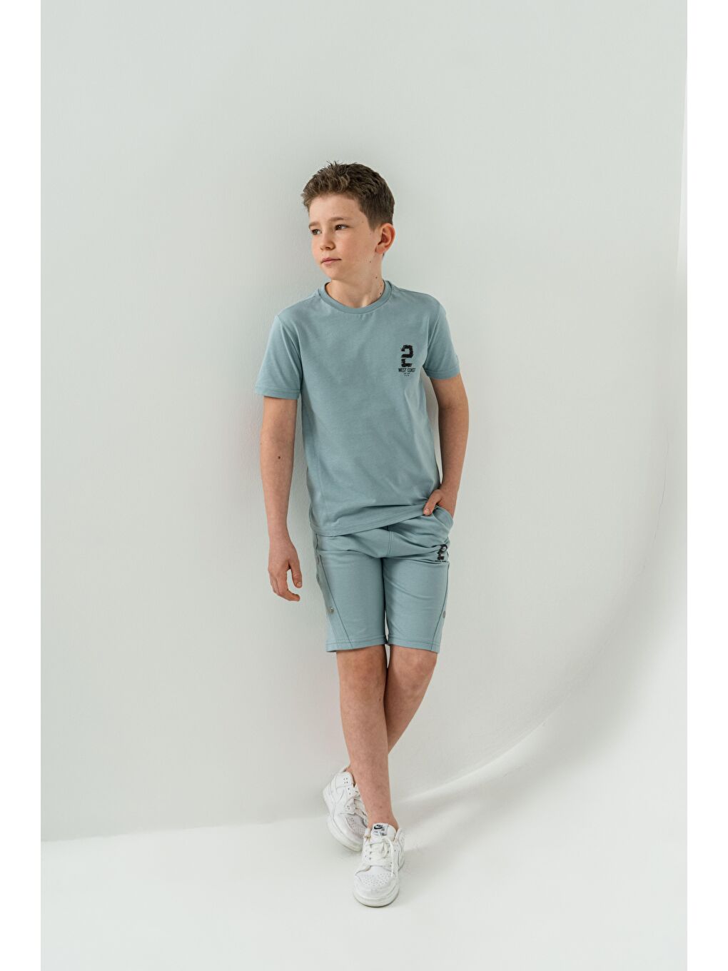 Petrol Üst Ön Baskılı Alt Çıtçıtlı Sol Bacak Baskılı Erkek Çocuk Şort - Tişört Takımı-5