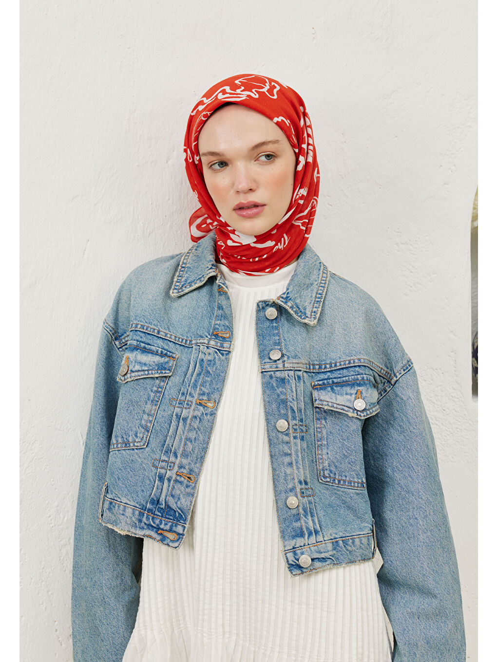 Summer Vibes Desen Pamuk Vual Eşarp Kırmızı-1