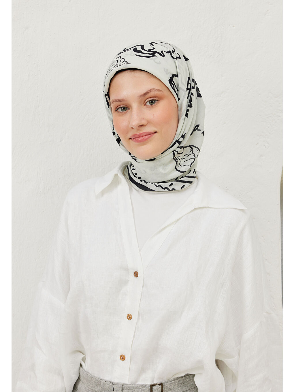 Summer Vibes Desen Pamuk Vual Eşarp Beyaz-2