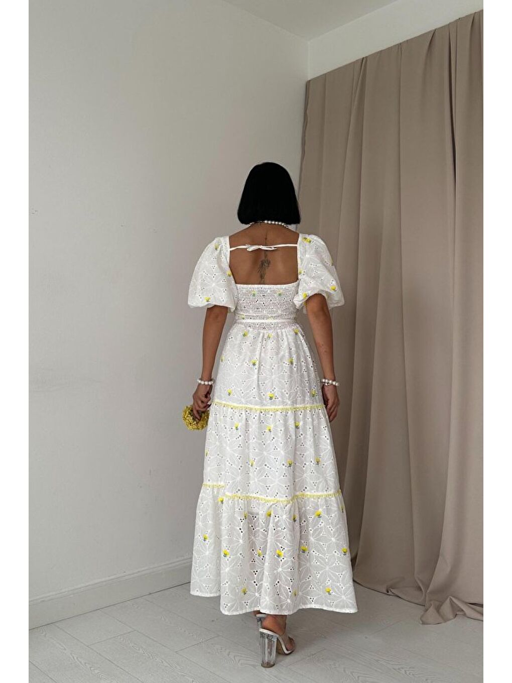 Sarı Dantel Detaylı Brode Elbise-3