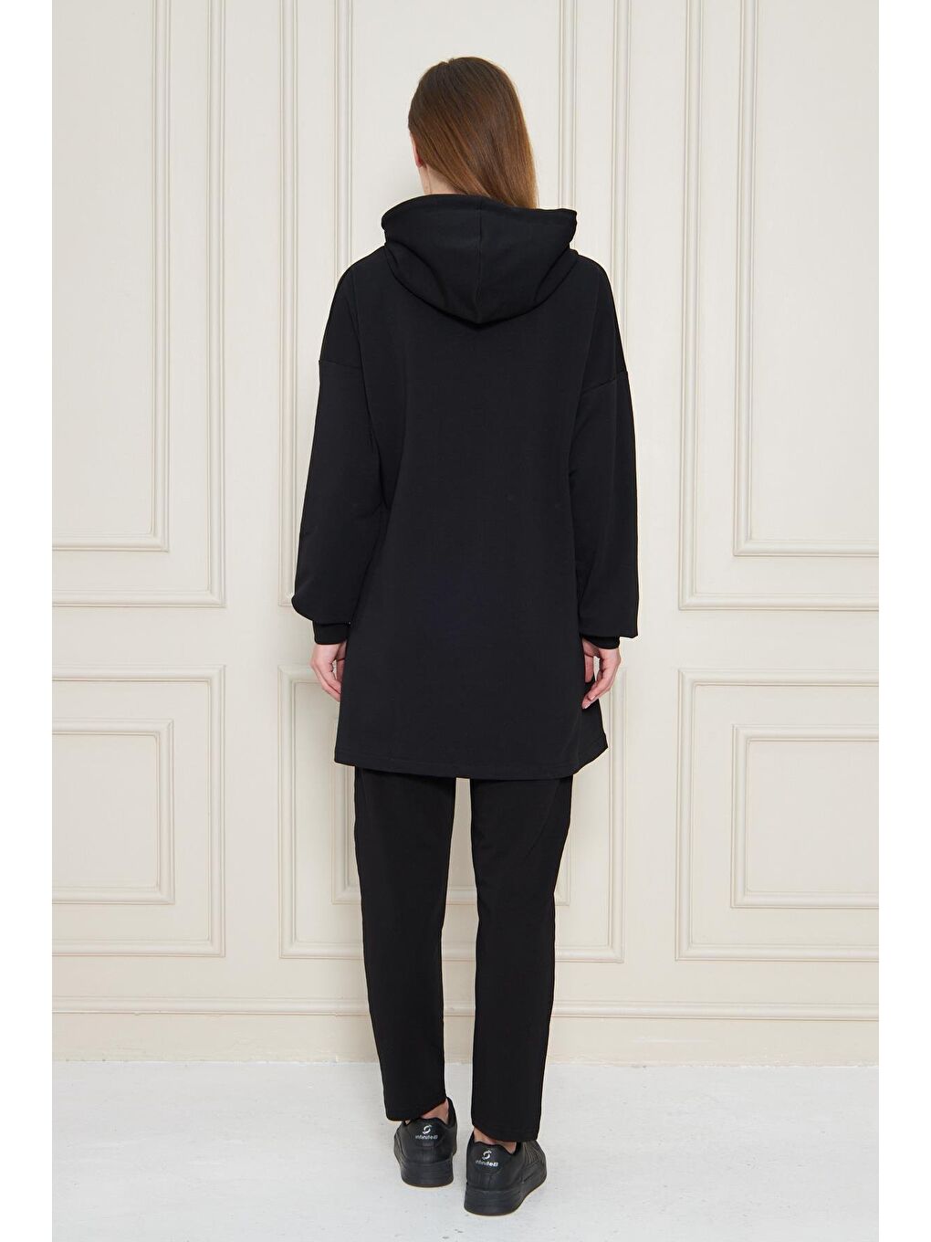 Kadın Pamuklu Tam Fermuarlı Kapüşonlu Uzun Tunik Eşofman Takımı Siyah 5556-S-7