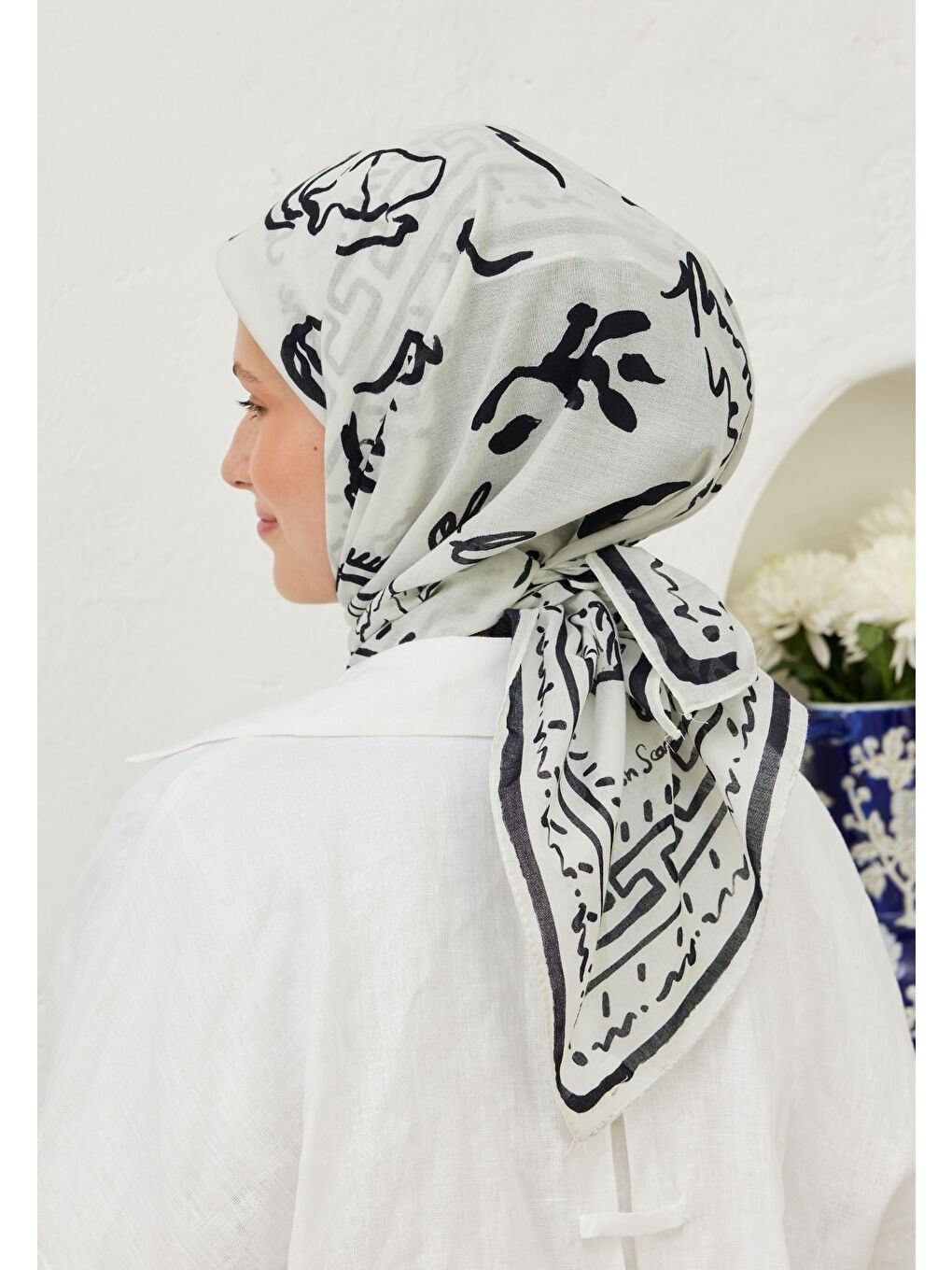 Summer Vibes Desen Pamuk Vual Eşarp Beyaz-3