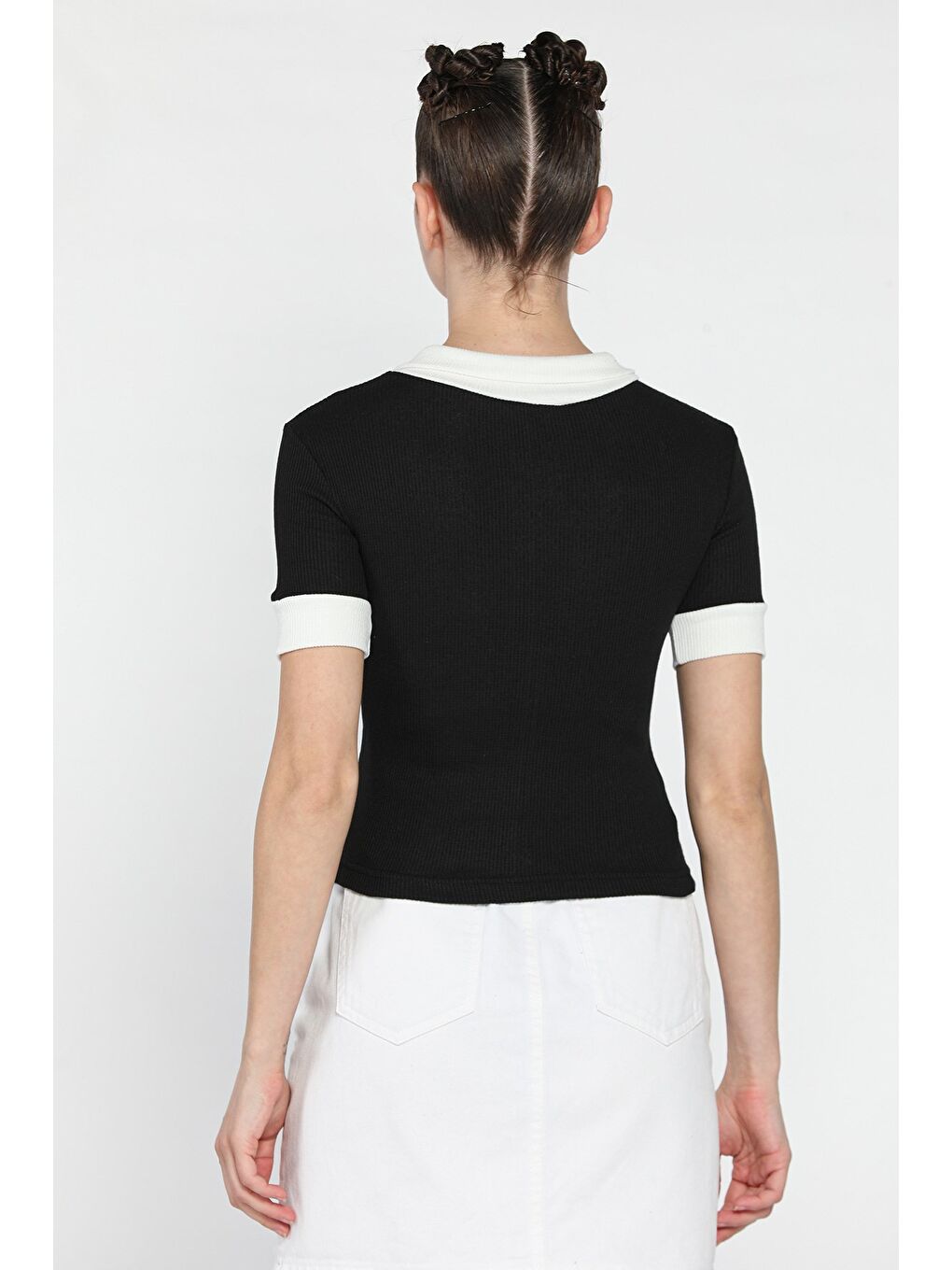 Siyah Kadın Polo Yaka Renk Garnili Kaşkorse Bluz-3