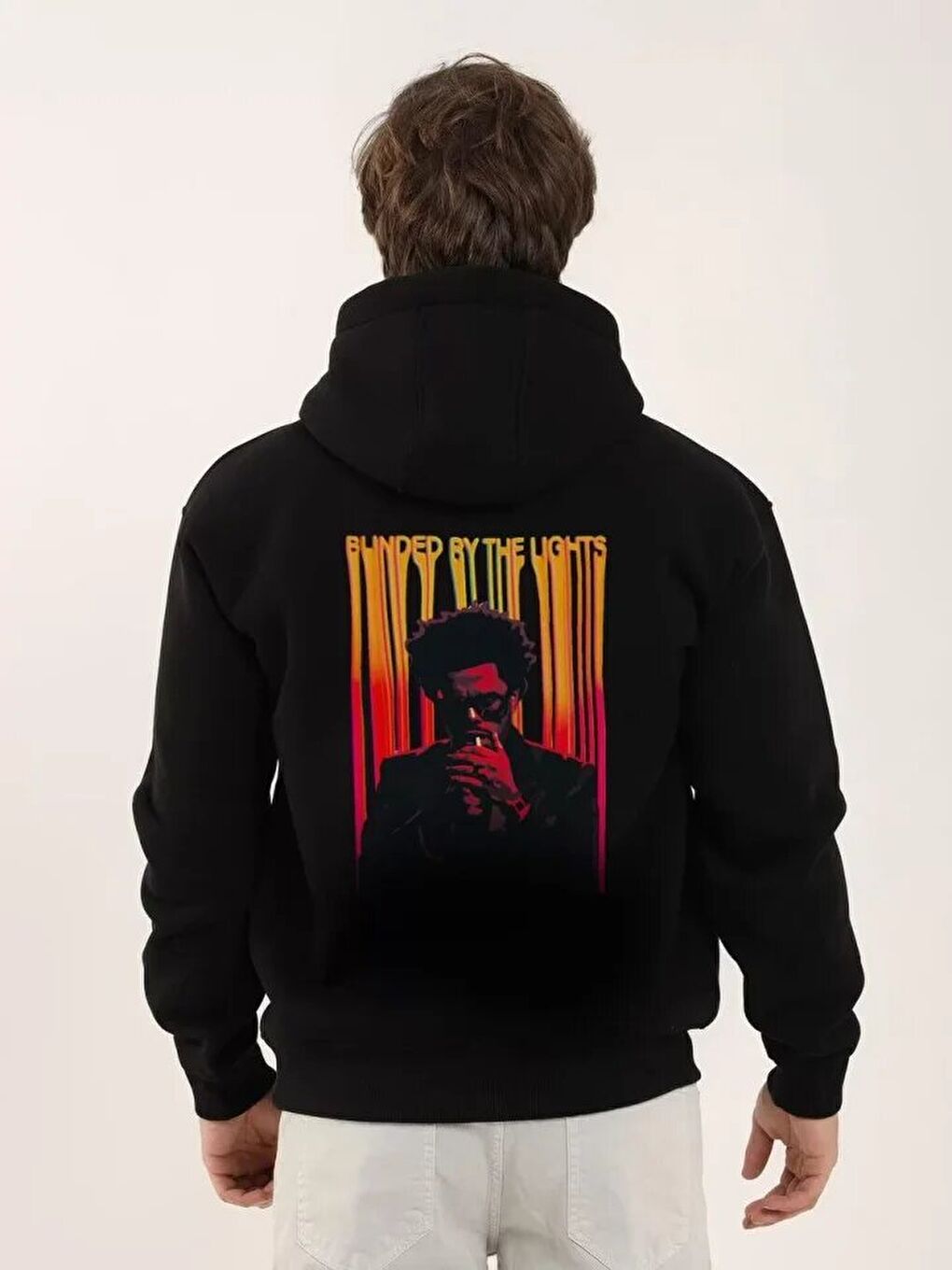 Unisex Baskılı Oversize Üç İplik Kapüşonlu Sweatshirt - Siyah-1