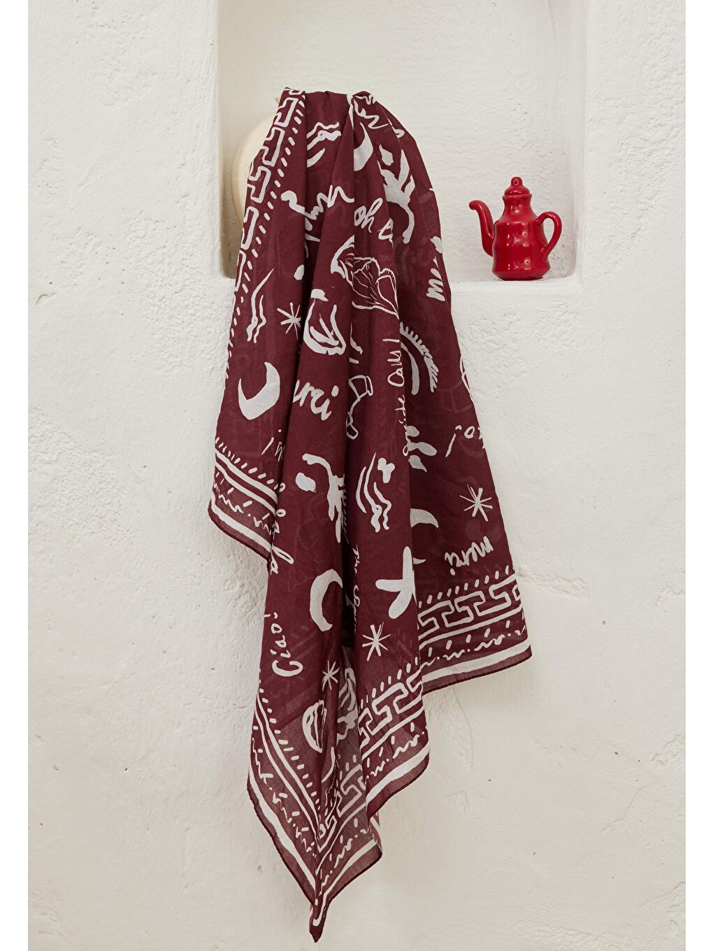 Summer Vibes Desen Pamuk Vual Eşarp Bordo