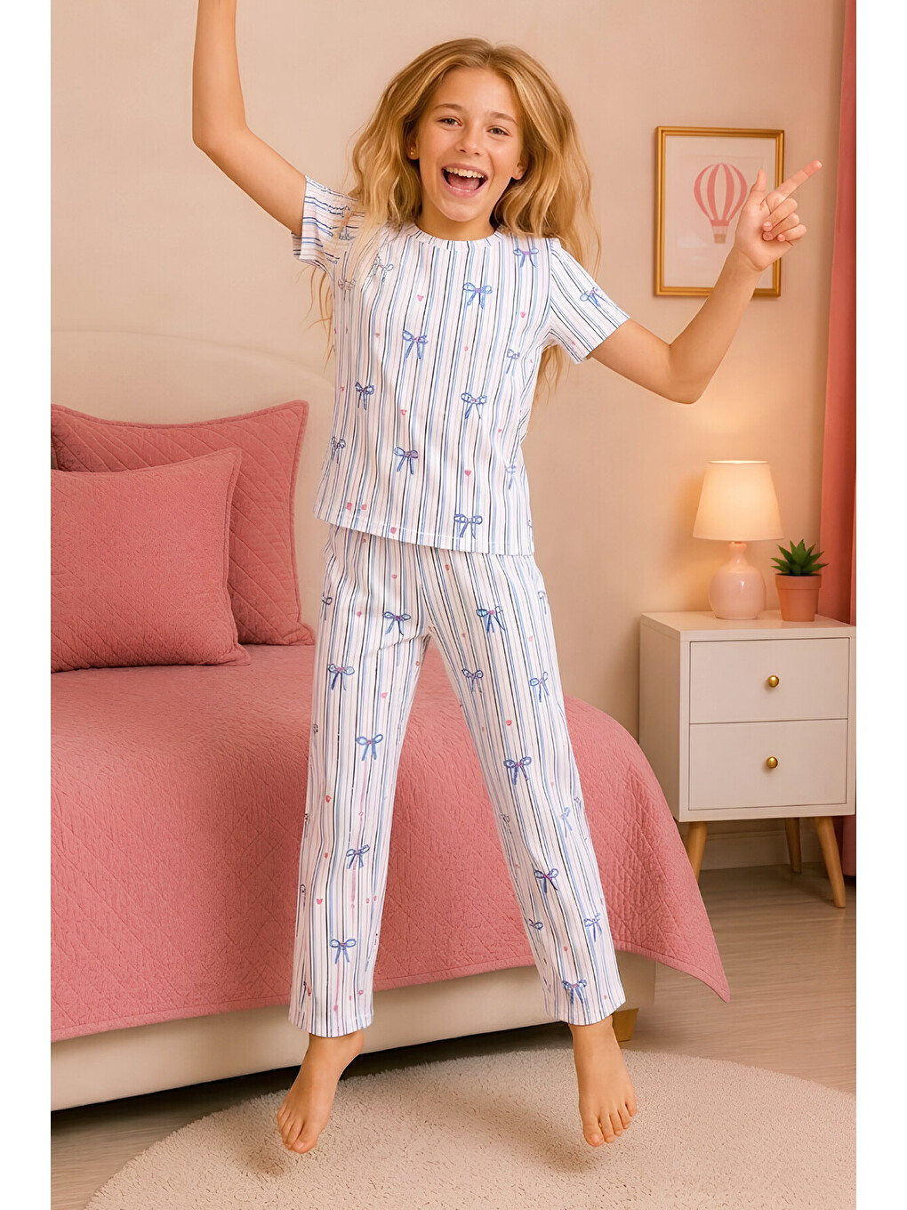 Mavi Kız Çocuk Pamuklu Milan Kumaş Pijama Takımı 7-16 Yaş 12699HC-1