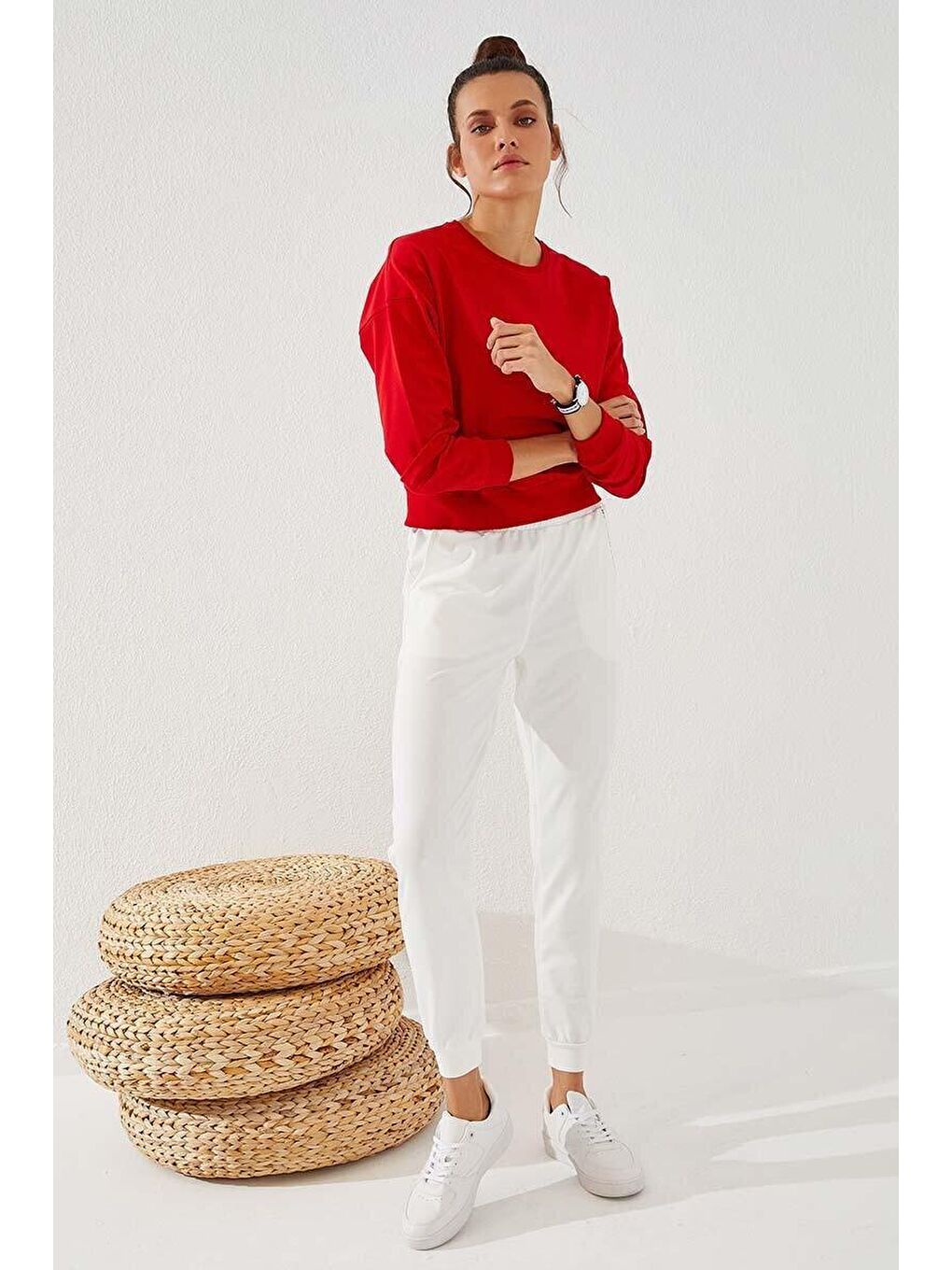 Ekru Baskı Cepli Jogger Rahat Form Manşetli Kadın Eşofman Alt - 94574-2