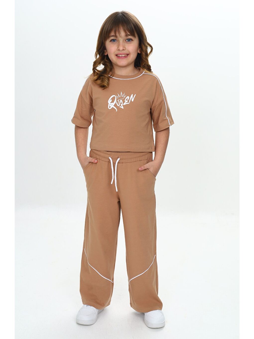 Kahverengi Kız Çocuk Queen Baskılı Crop Eşofman Takım-3