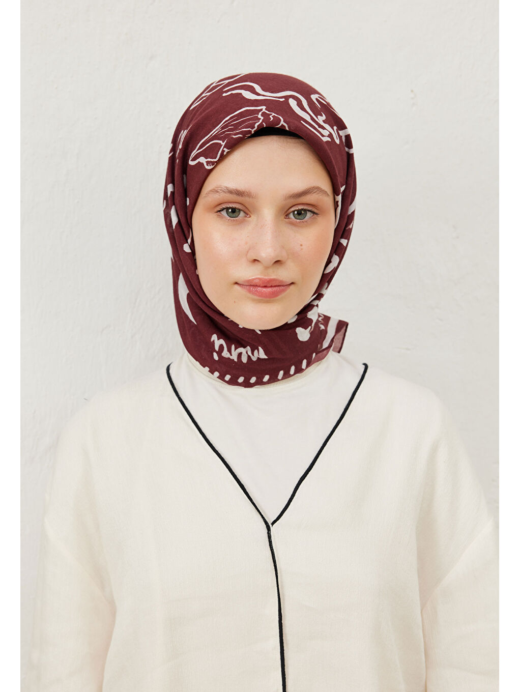 Summer Vibes Desen Pamuk Vual Eşarp Bordo-2