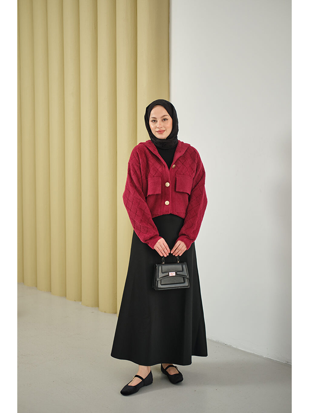 Kadın Kendinden Desenli Kapüşonlu Hırka Bordo-1