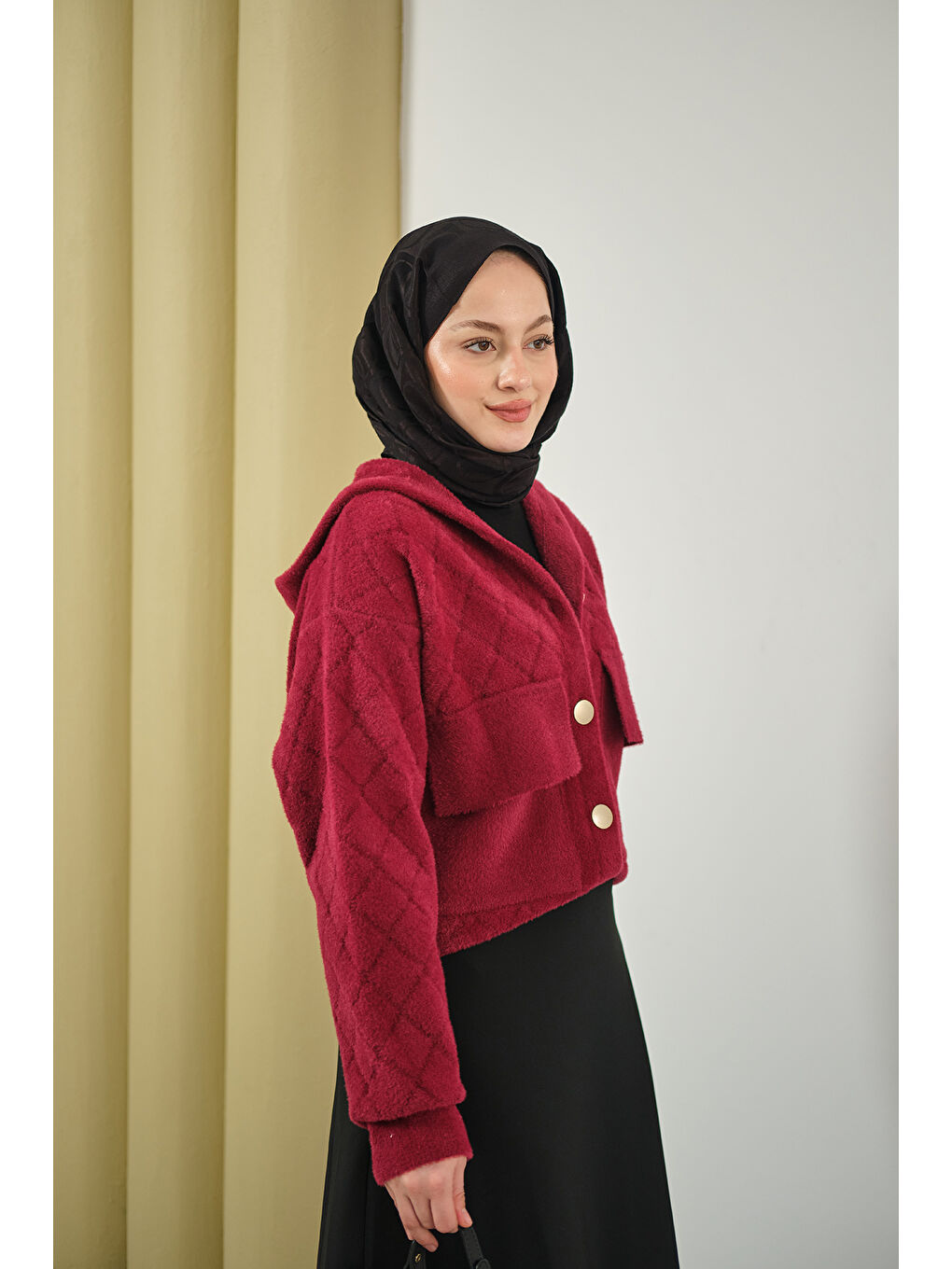 Kadın Kendinden Desenli Kapüşonlu Hırka Bordo-2