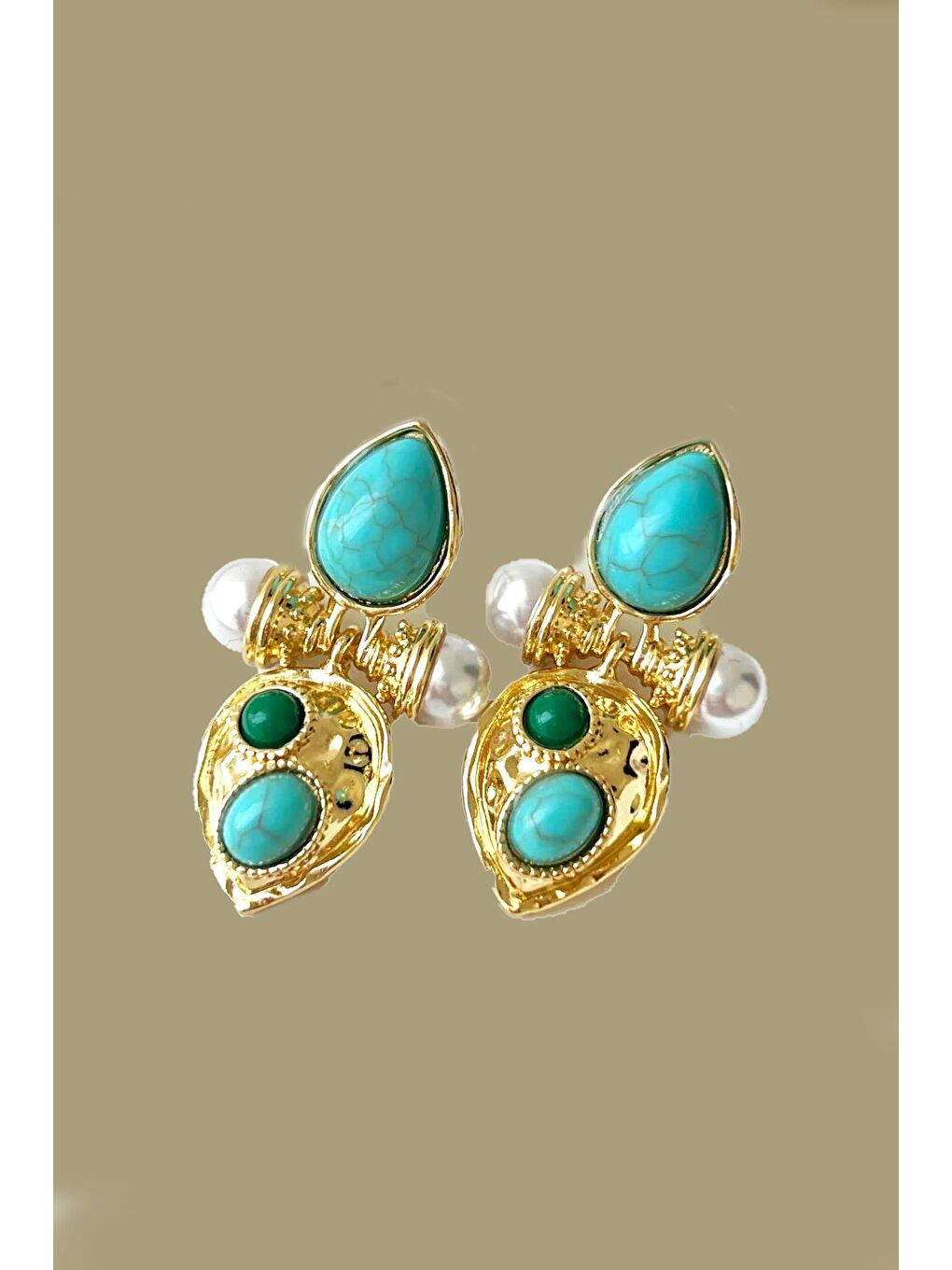 Sarı Turkuaz Taşlı Gold Etnik Görünüm Küpe-1