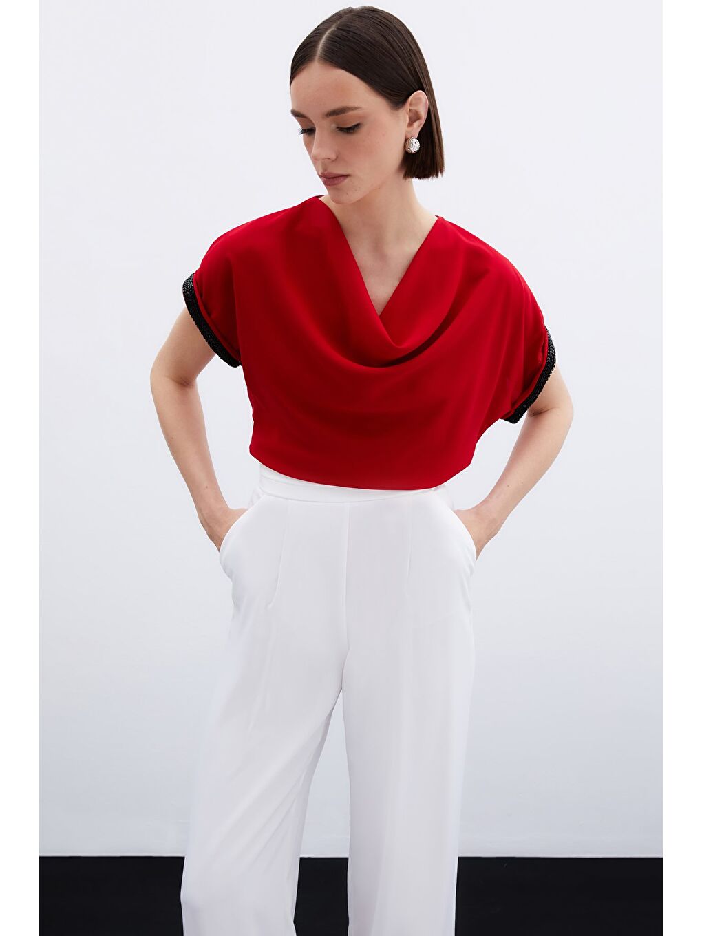 Kollar Taş Detaylı Salaş Bluz - Kırmızı-2