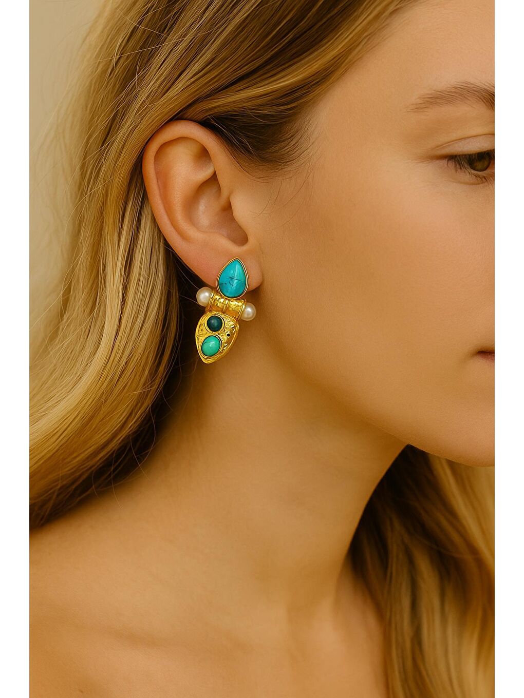 Sarı Turkuaz Taşlı Gold Etnik Görünüm Küpe