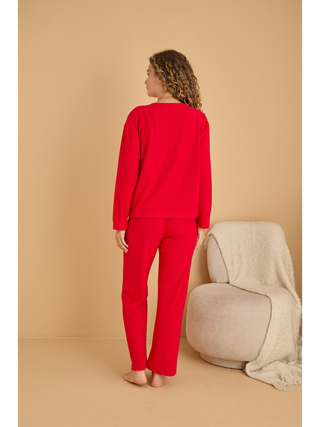 Kırmızı Nakışlı Havlu Kumaş Örme Pijama Takım25226007-2