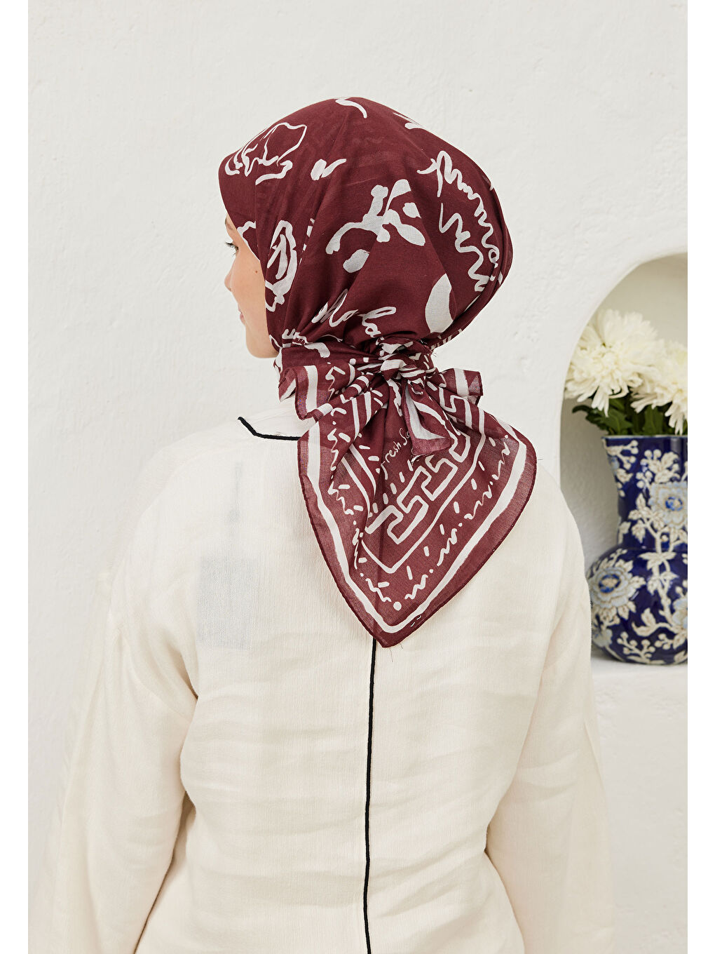Summer Vibes Desen Pamuk Vual Eşarp Bordo-4