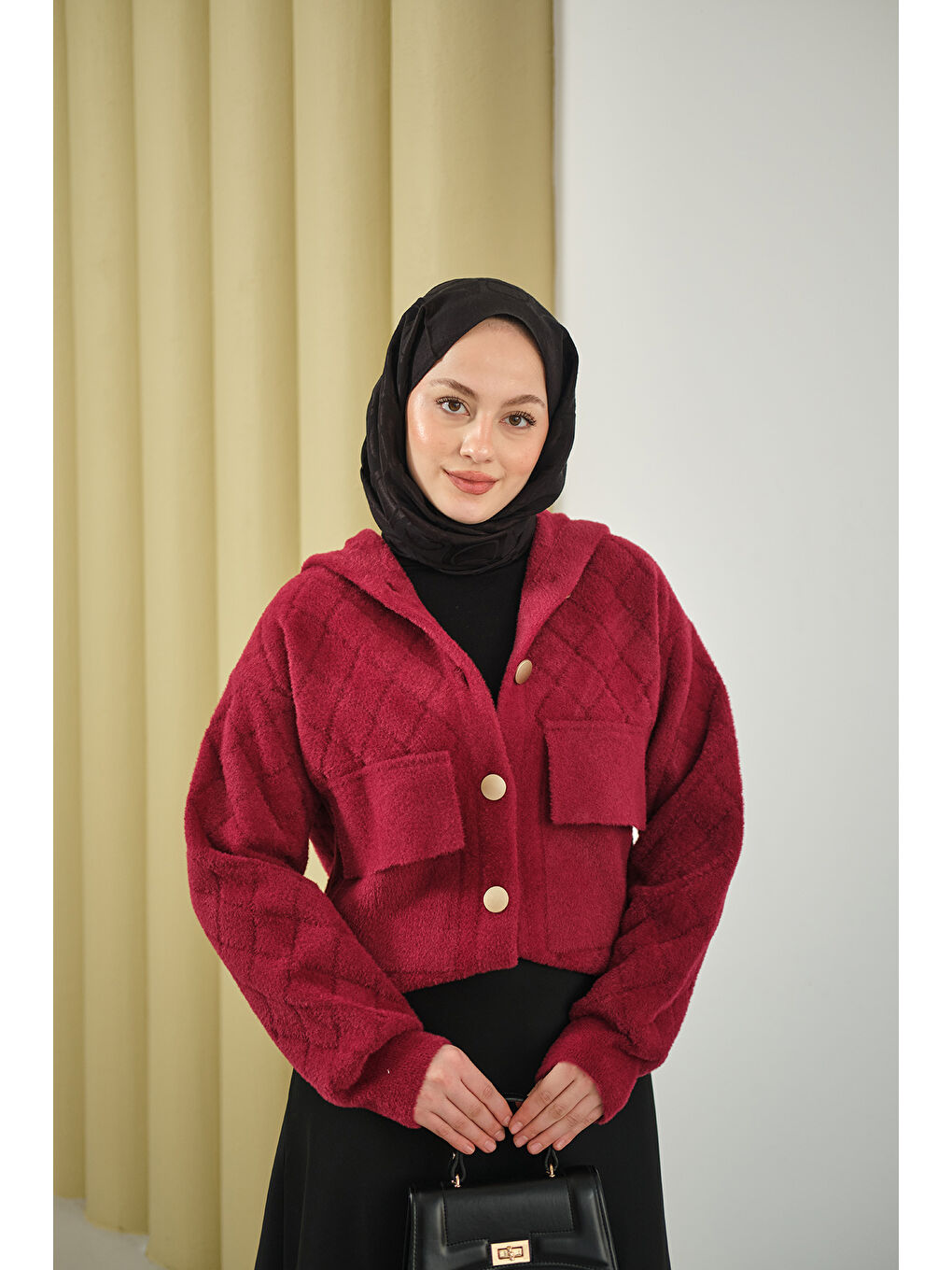 Kadın Kendinden Desenli Kapüşonlu Hırka Bordo-3