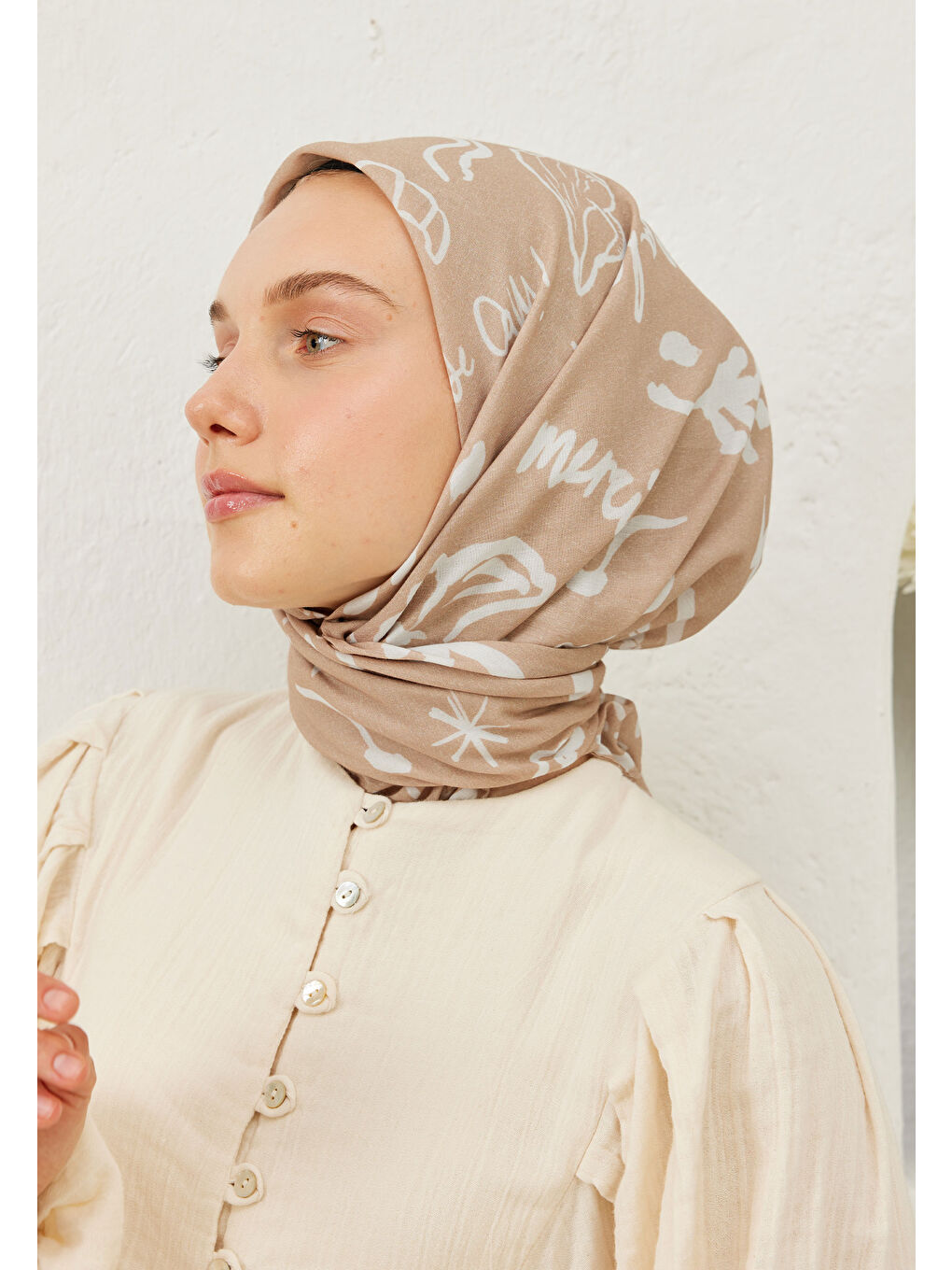 Bej Summer Vibes Desen Pamuk Vual Eşarp Nude-2