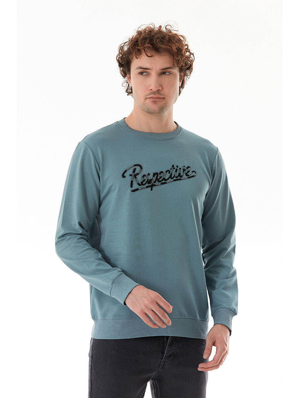 Mavi Yazı Nakışlı Bisiklet Yaka Sweatshirt