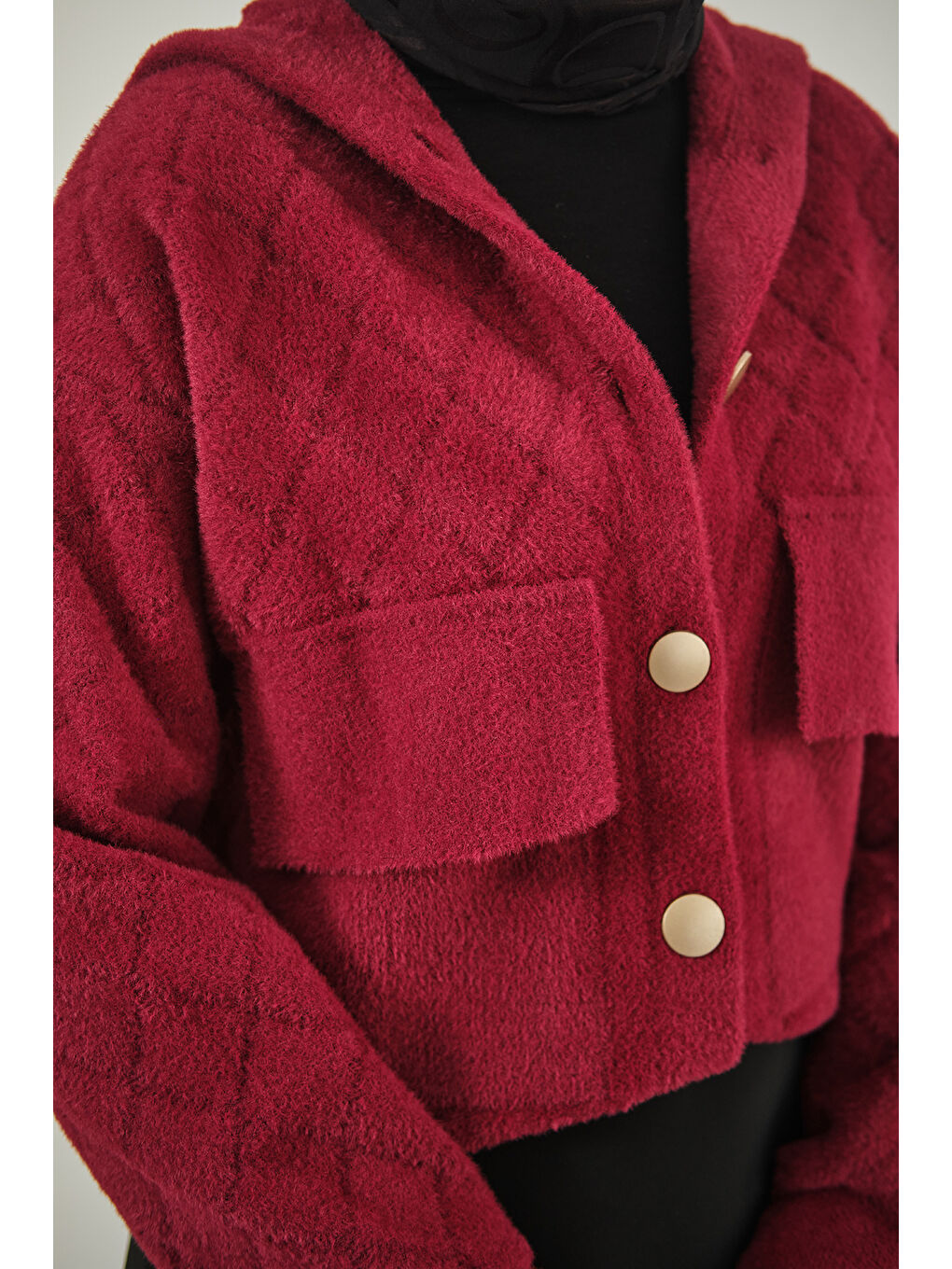 Kadın Kendinden Desenli Kapüşonlu Hırka Bordo-4