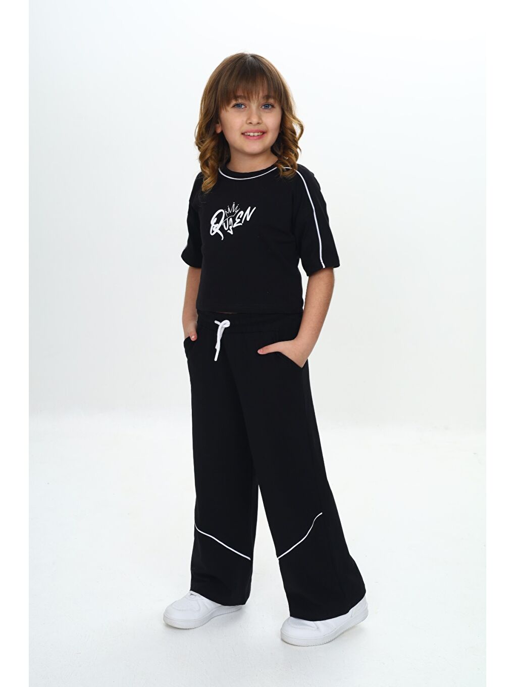 Siyah Kız Çocuk Queen Baskılı Crop Eşofman Takım-3