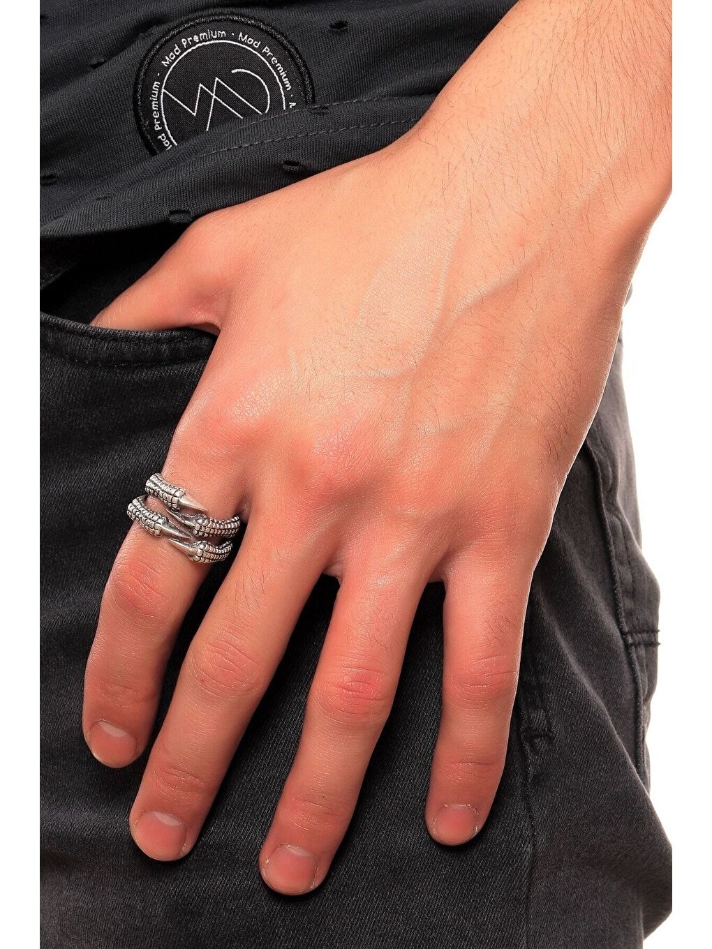 Gri Erkek Antik Gümüş 2'li Kartal Pençesi Yüzük-2