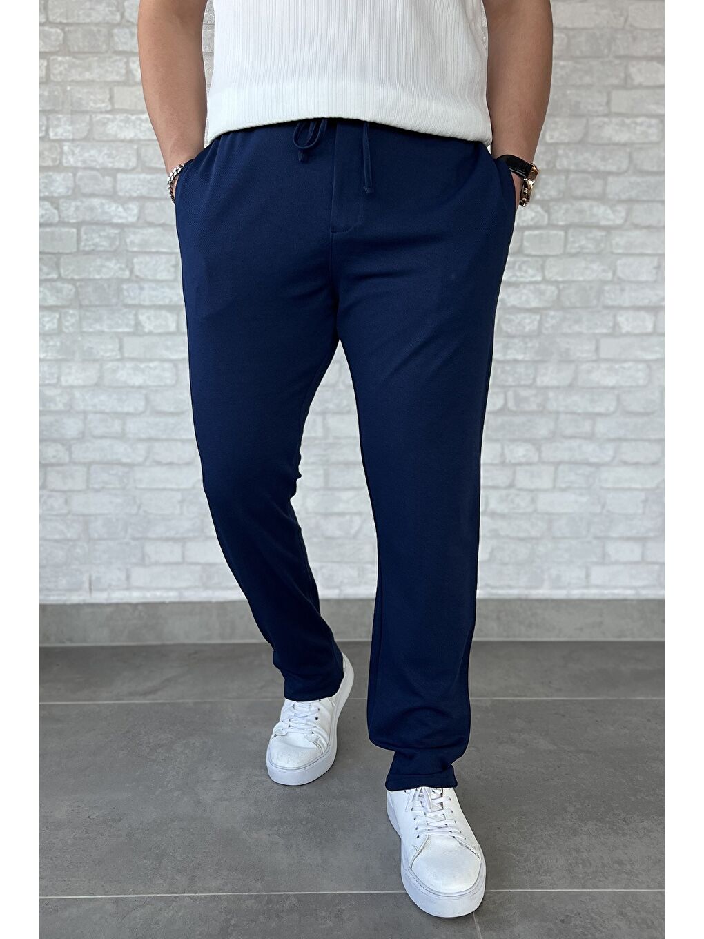 Lacivert Erkek Bel Bağlama Detaylı Pantolon