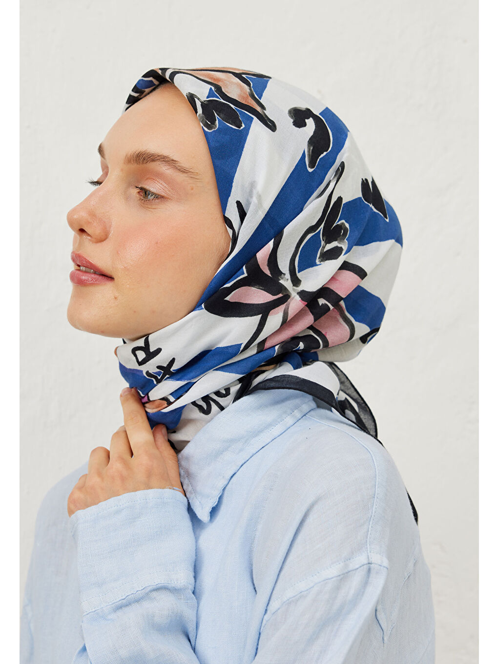 Lemonade Desen Pamuk Vual Eşarp Mavi-1