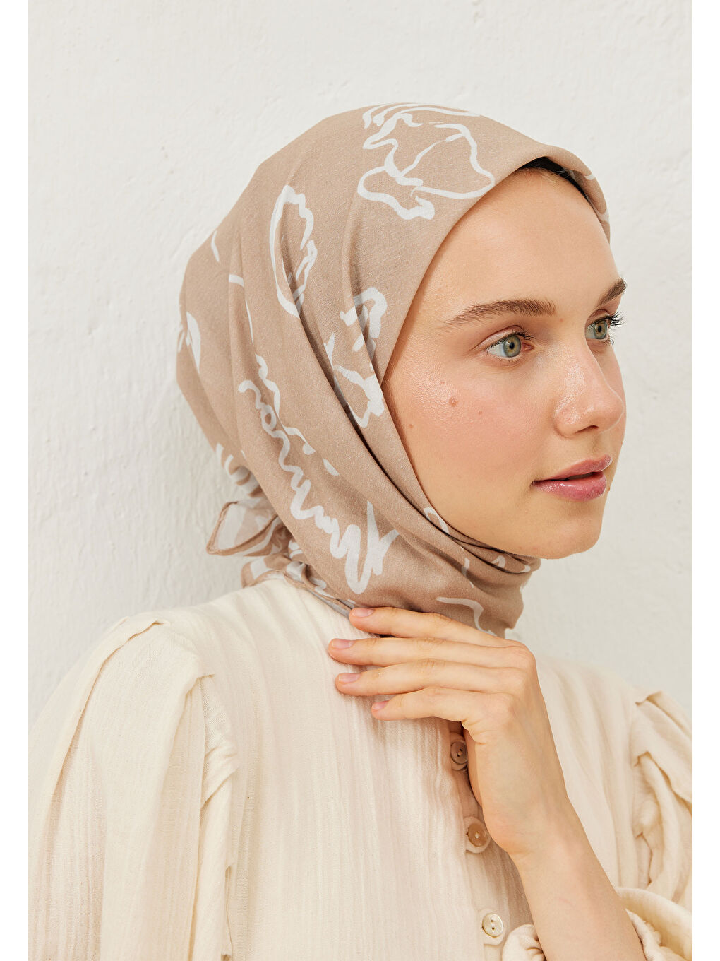 Bej Summer Vibes Desen Pamuk Vual Eşarp Nude-3
