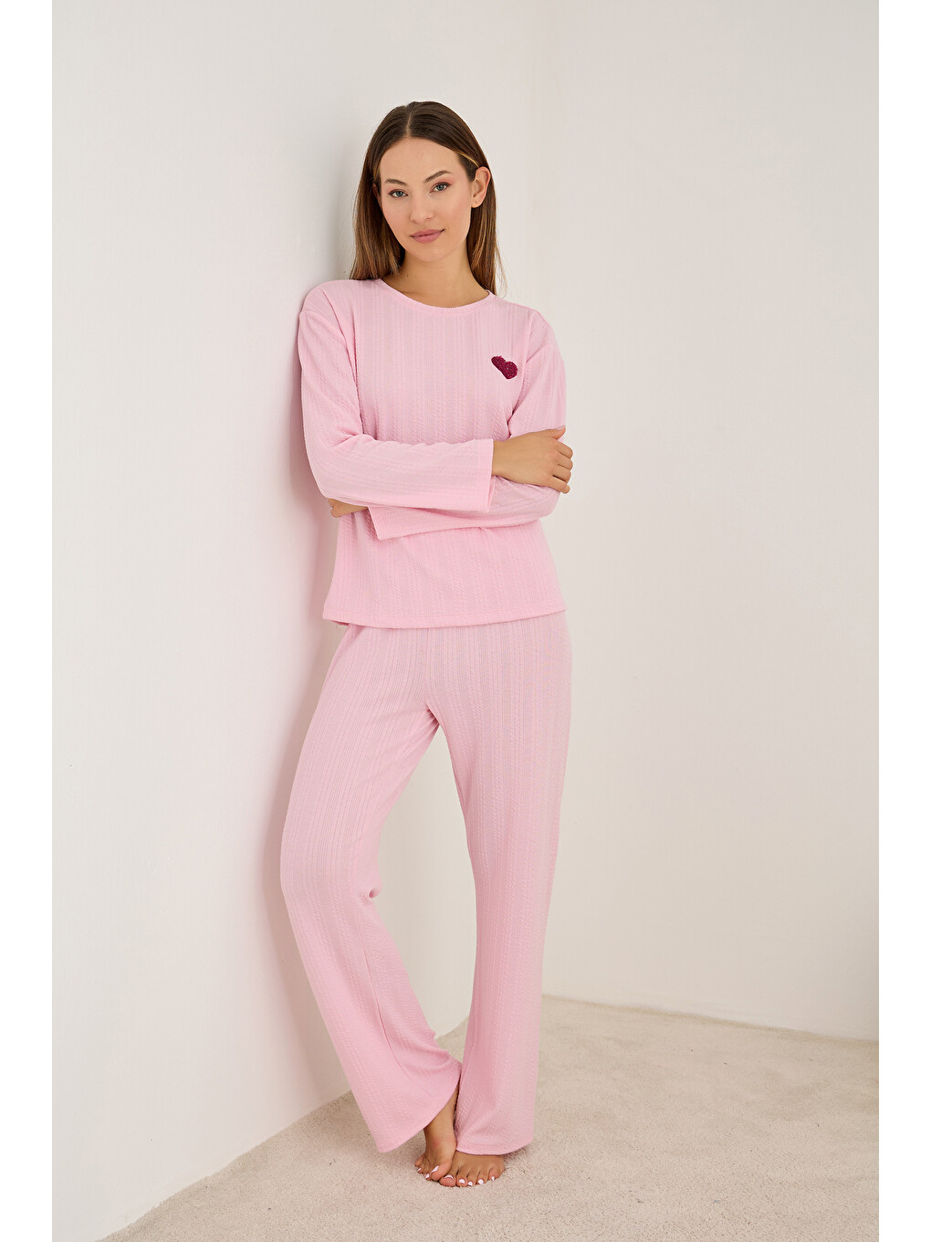 Pembe Kalp Nakışlı Fitilli Yumuşak Tuşe Örme Pijama Takım