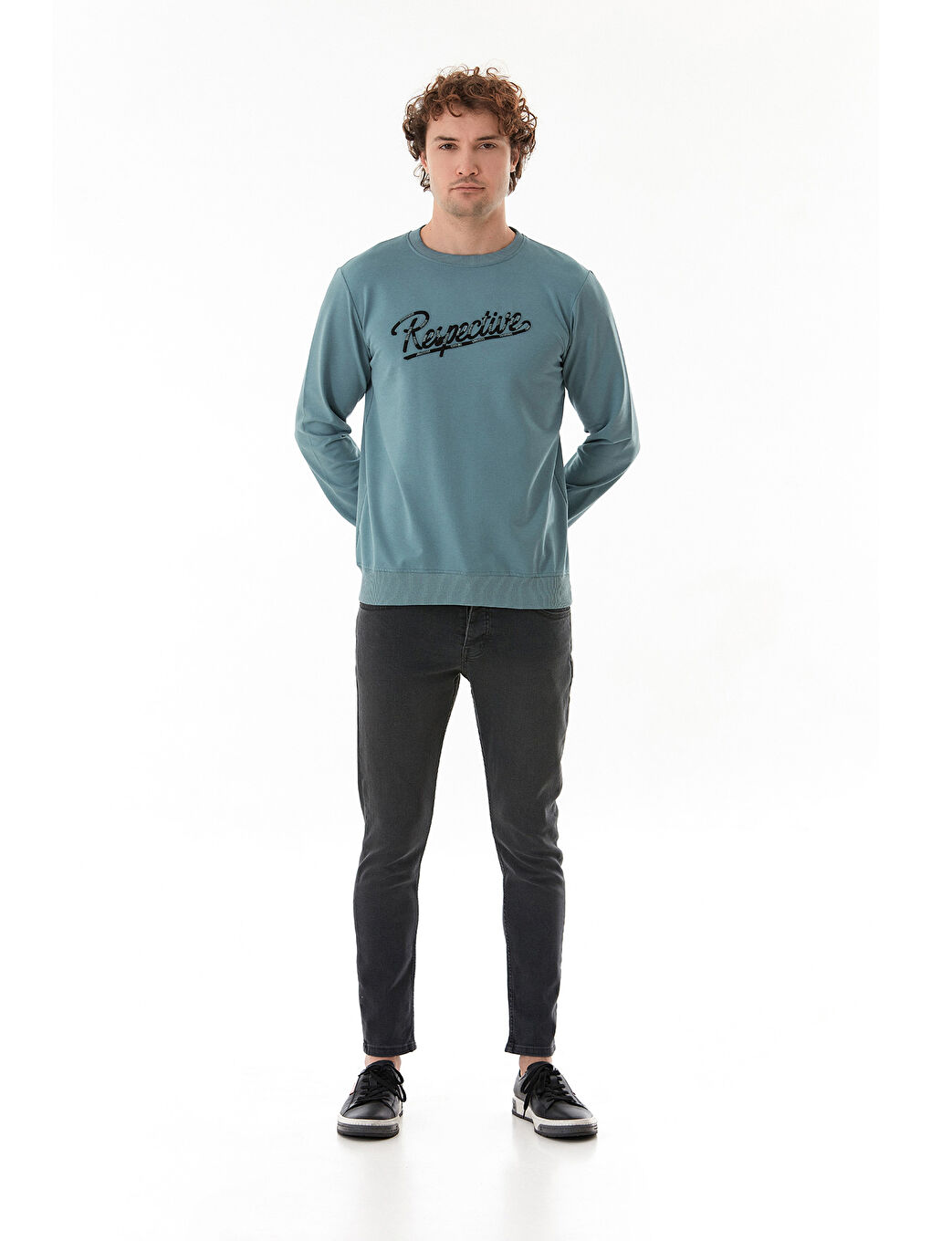 Mavi Yazı Nakışlı Bisiklet Yaka Sweatshirt-1