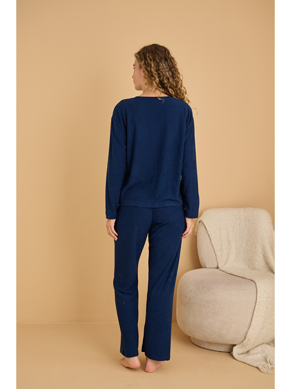 Lacivert Nakışlı Havlu Kumaş Örme Pijama Takım25226006-2