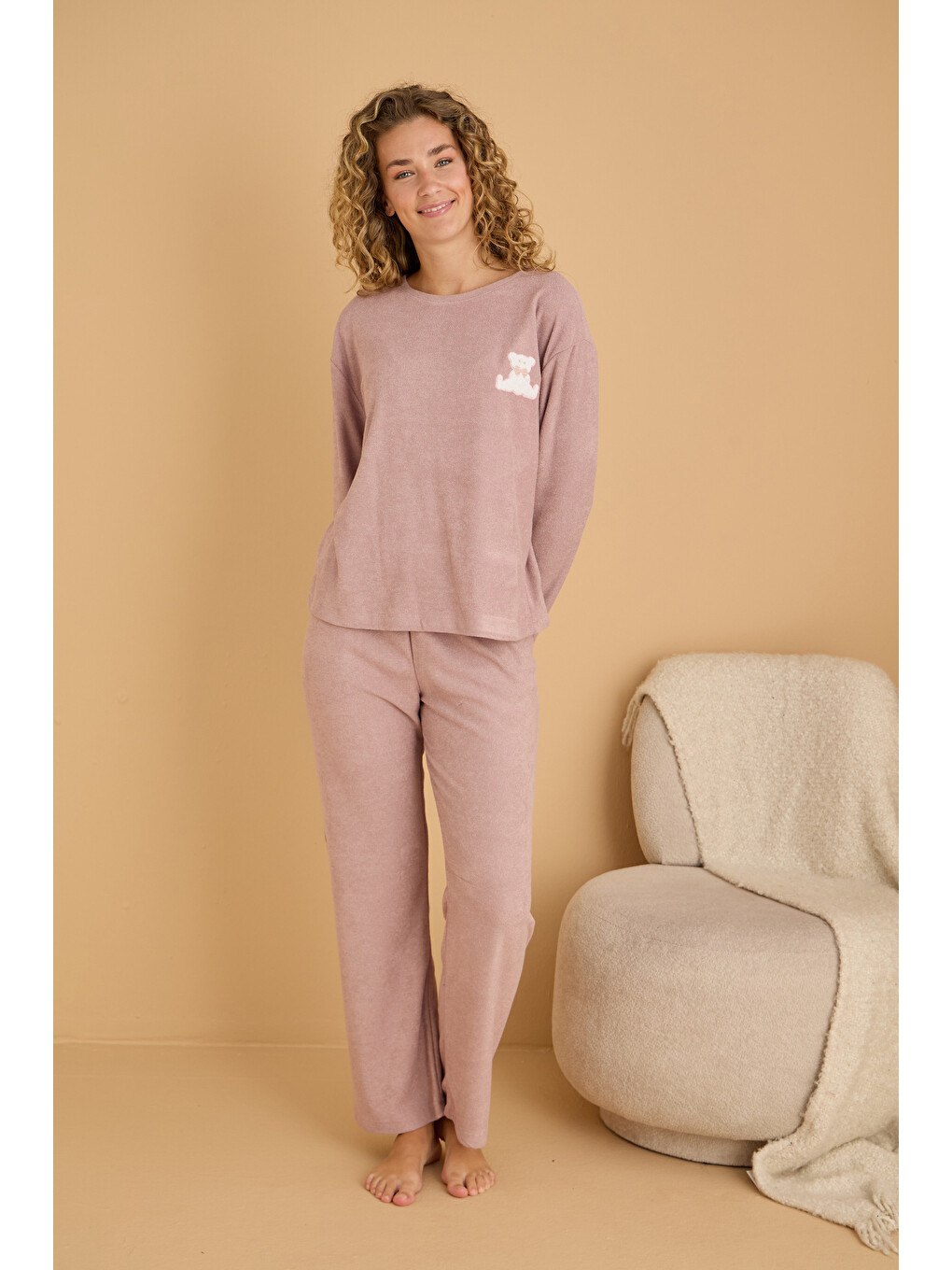 Bej Vizon Nakışlı Havlu Kumaş Örme Pijama Takım25226007-1