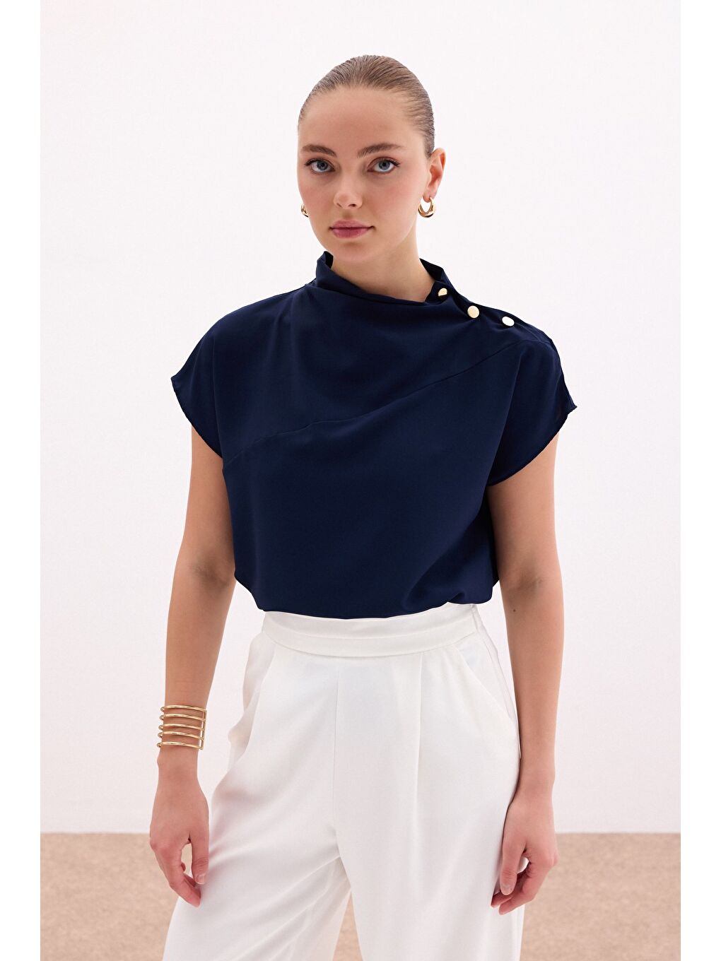 Tek Omuz Çıtçıtlı Bluz - Lacivert