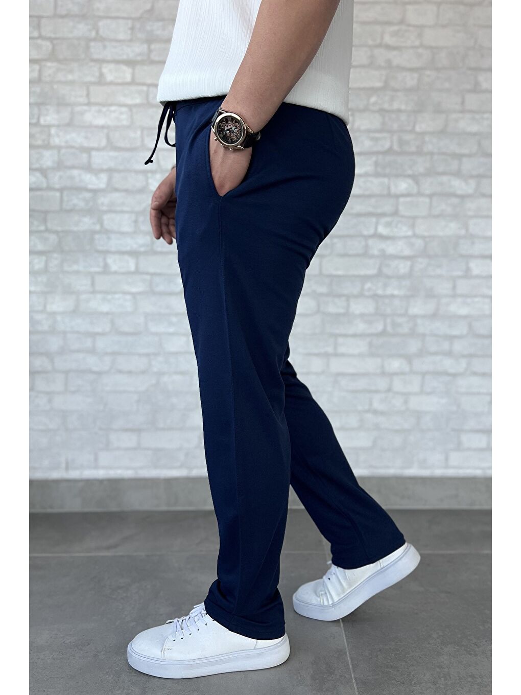 Lacivert Erkek Bel Bağlama Detaylı Pantolon-1