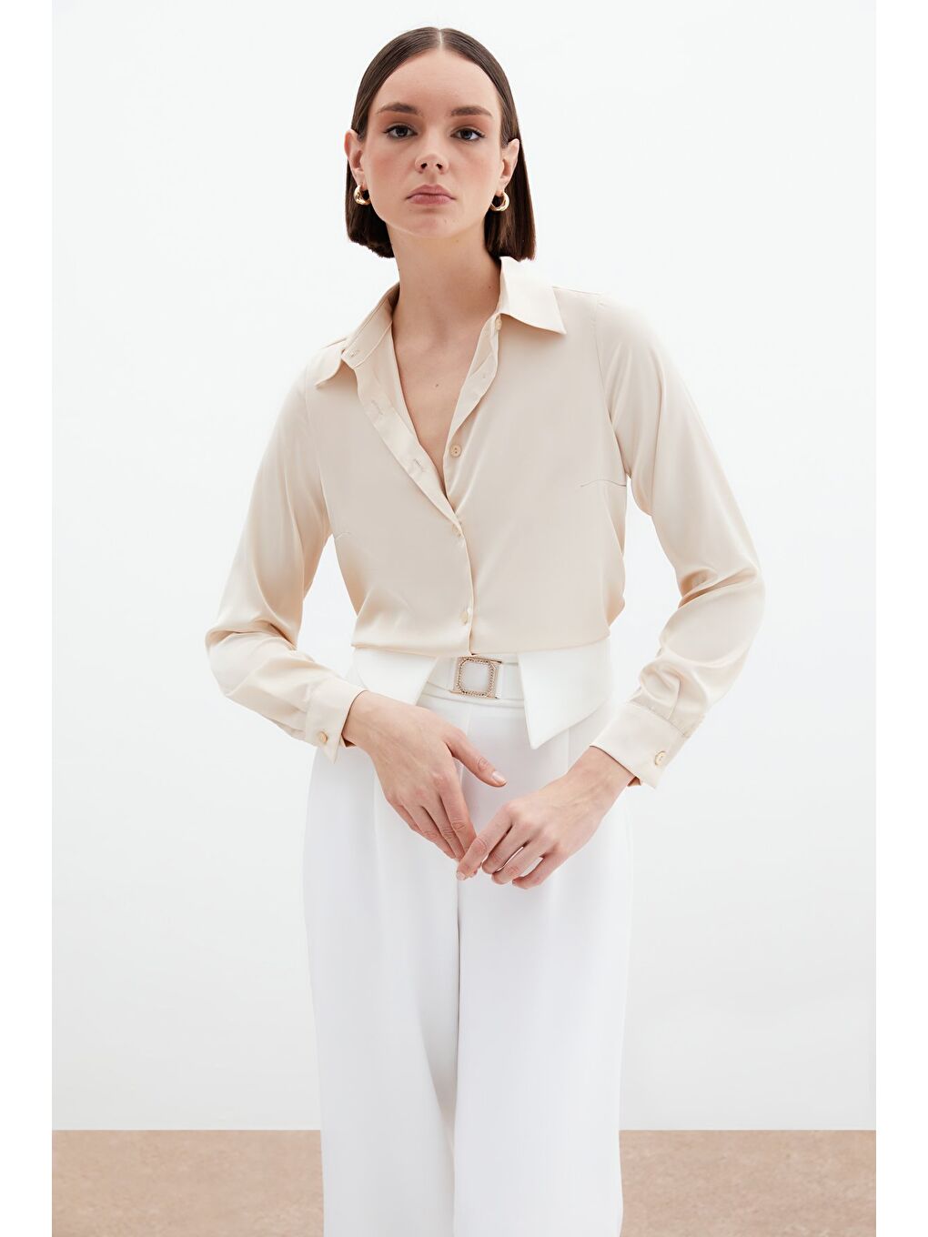 Saten Gömlek - Bej-3