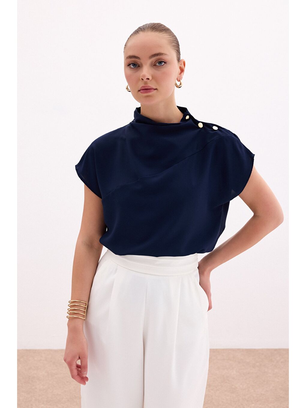 Tek Omuz Çıtçıtlı Bluz - Lacivert-1