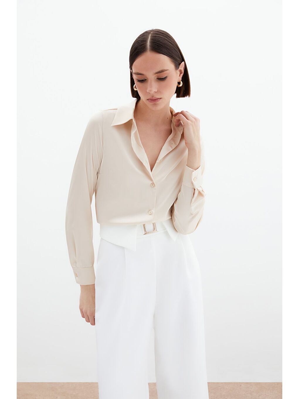 Saten Gömlek - Bej-4