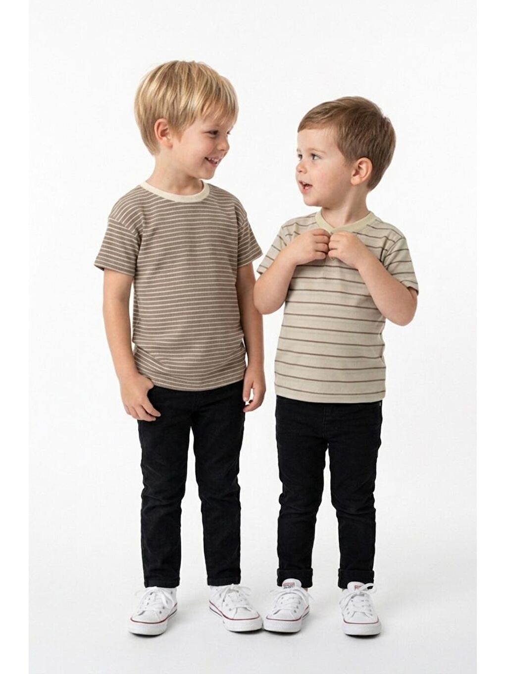 Bej Elastanlı Kabartma Çizgili 2li Tişört Paket