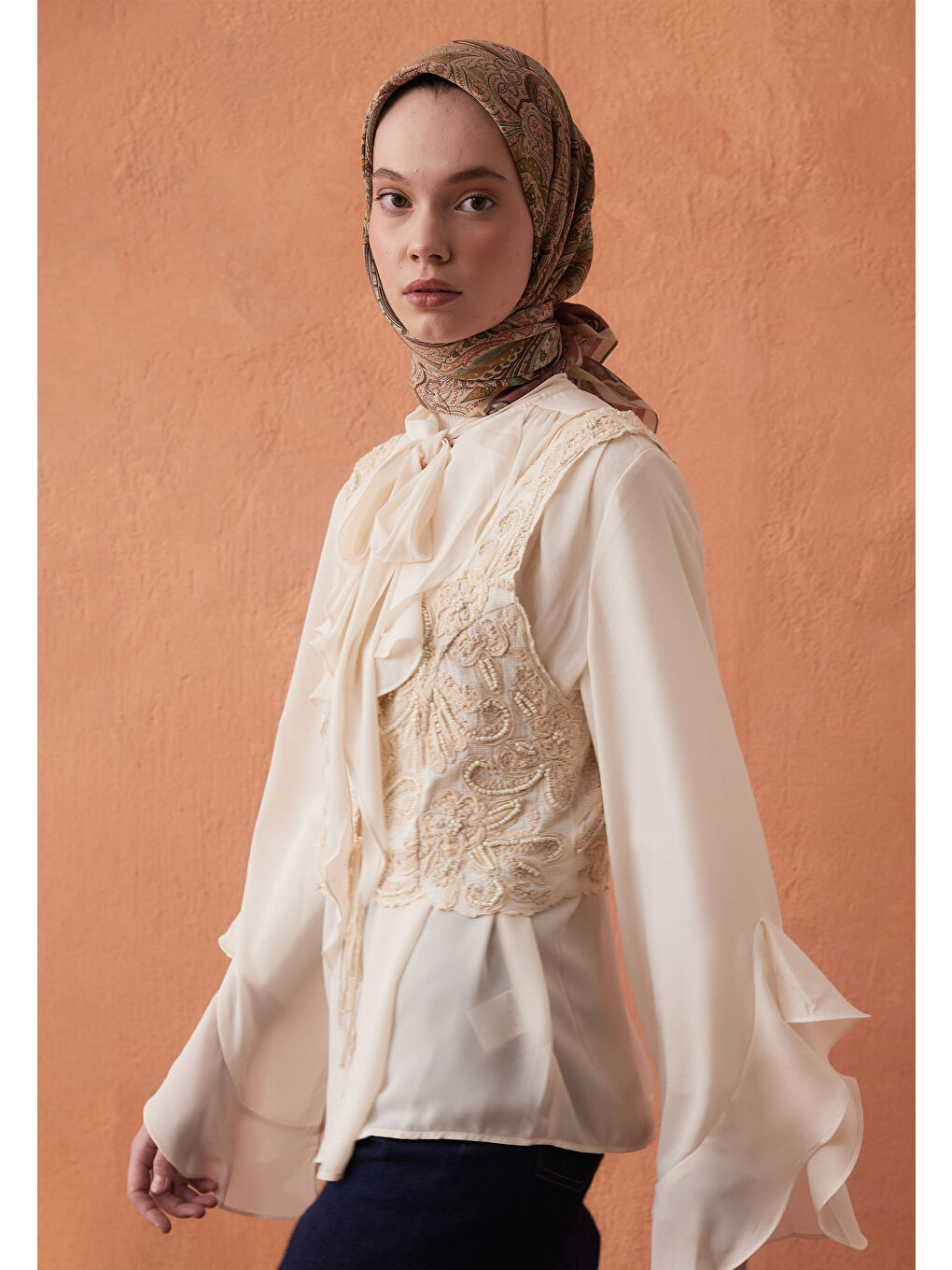 Turuncu Sıara Desen Pamuk İpek Eşarp Bakır