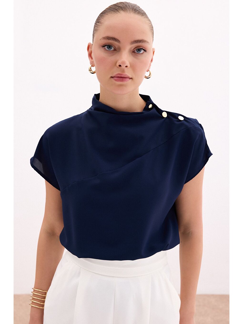 Tek Omuz Çıtçıtlı Bluz - Lacivert-2