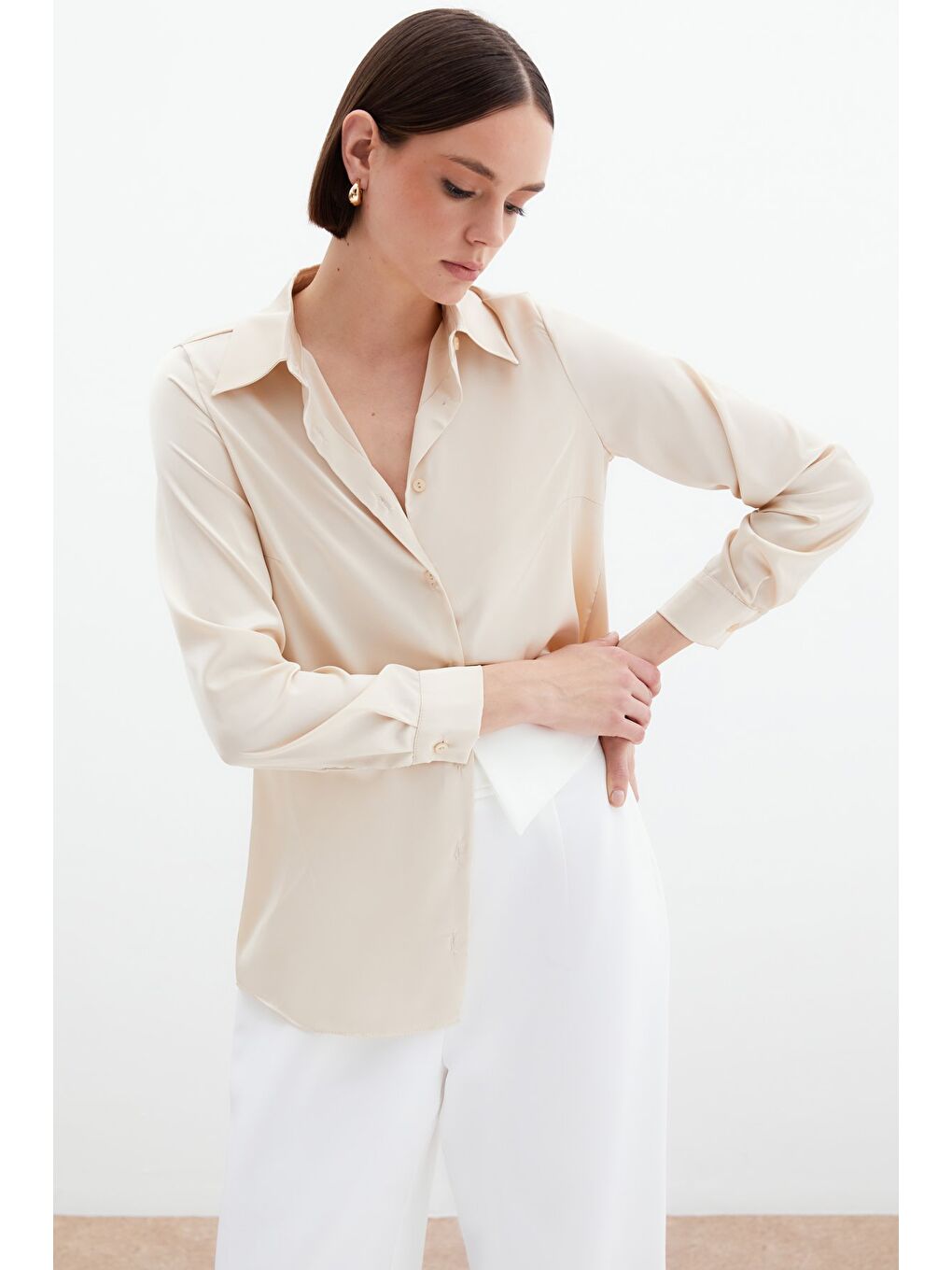 Saten Gömlek - Bej-5