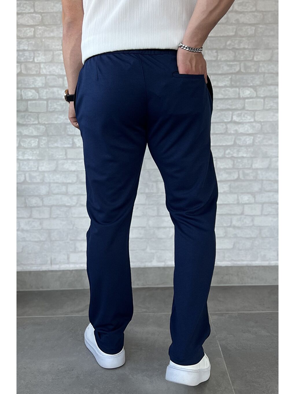 Lacivert Erkek Bel Bağlama Detaylı Pantolon-2