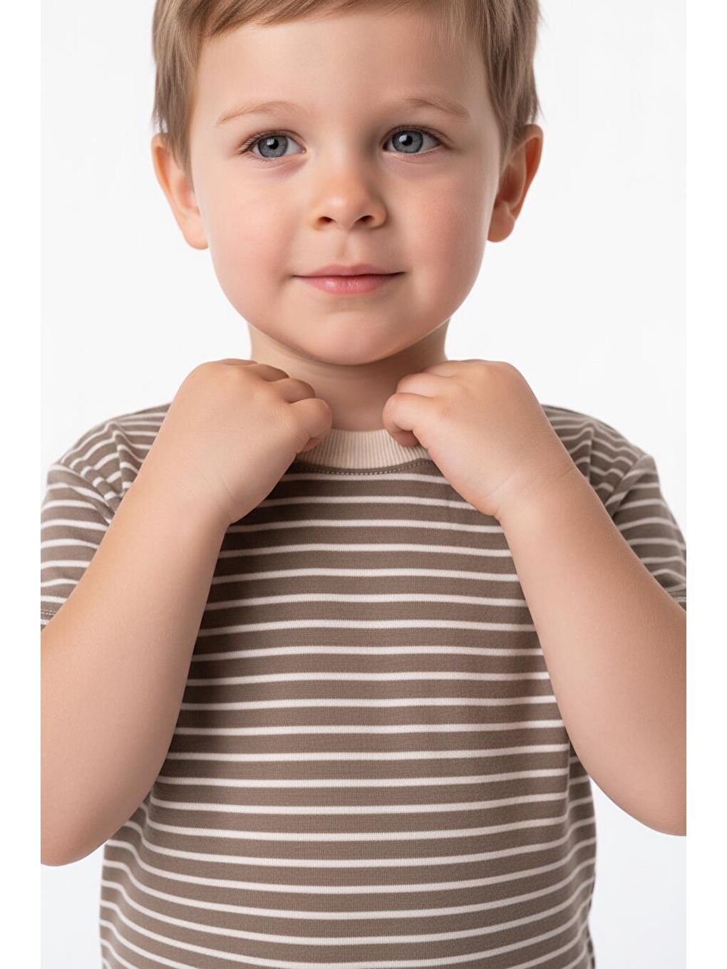 Bej Elastanlı Kabartma Çizgili 2li Tişört Paket-1